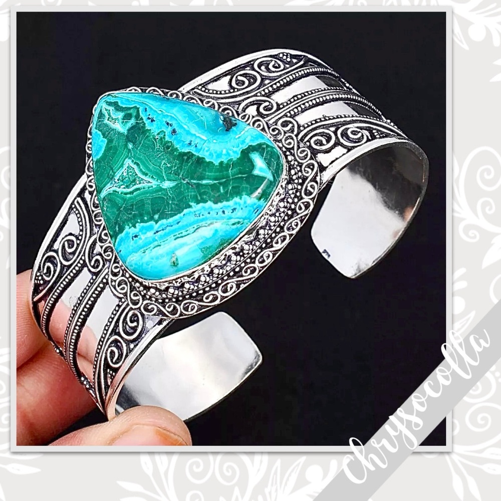 Chrysocolla Silver Artisan Bangle Cuff Bracelet Adjustable Turquoise Blue, Green